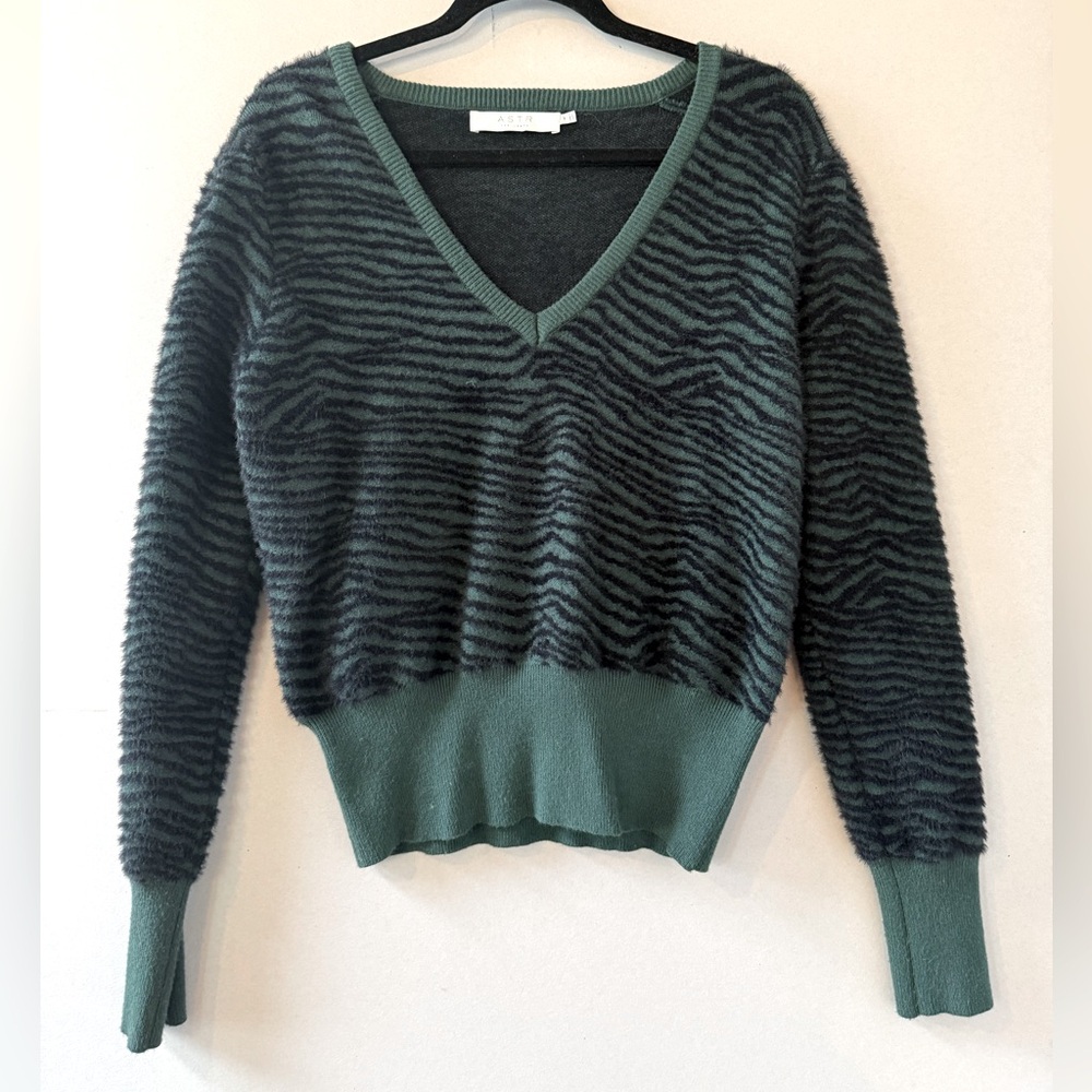 ASTR Green Zebra Stipe Soft V Neck Sweater